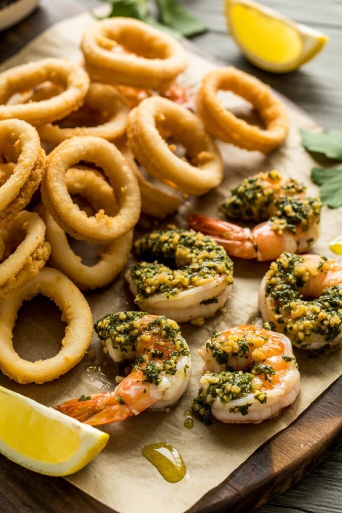 Air-fryer calamari and sheet-pan shrimp oreganata