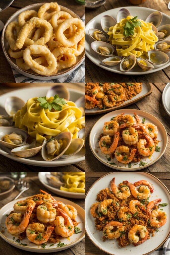 Collage of all seven dishes plated together golden calamari, vibrant linguine alle vongole, baked shrimp oreganata