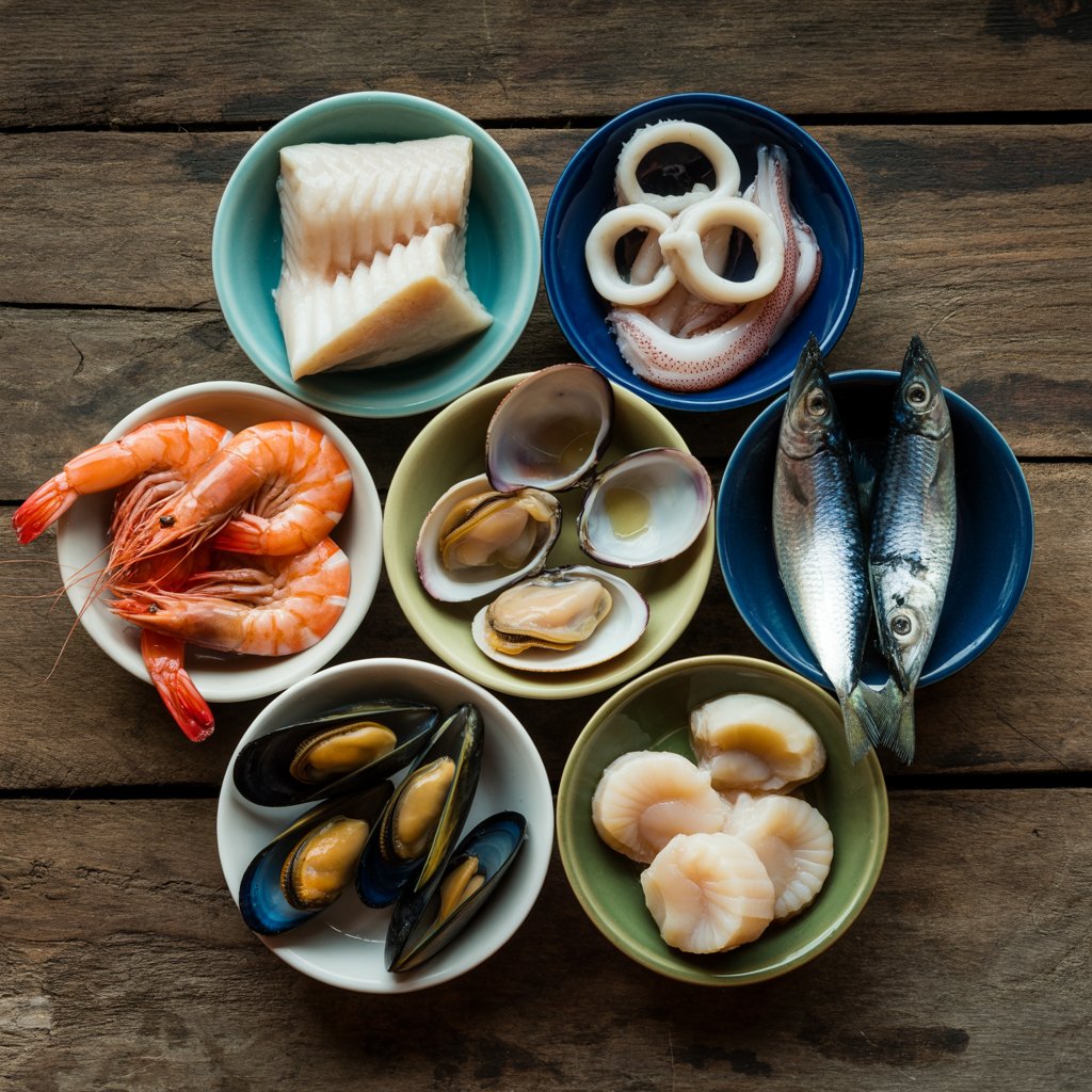Seven small bowls showcasing each symbolic fish salt cod, squid, shrimp, clams, mussels, sardines, scallops